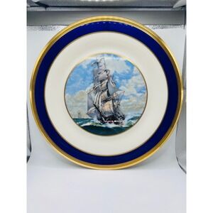 Lenox Special Dinner Plate Clipper Cobalt Blue Border 24K Gold Trim Vintage Ship